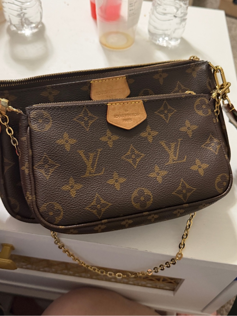 Louis Vuitton Brown Monogram Canvas Double Pochette Crossbody with Gold Chain